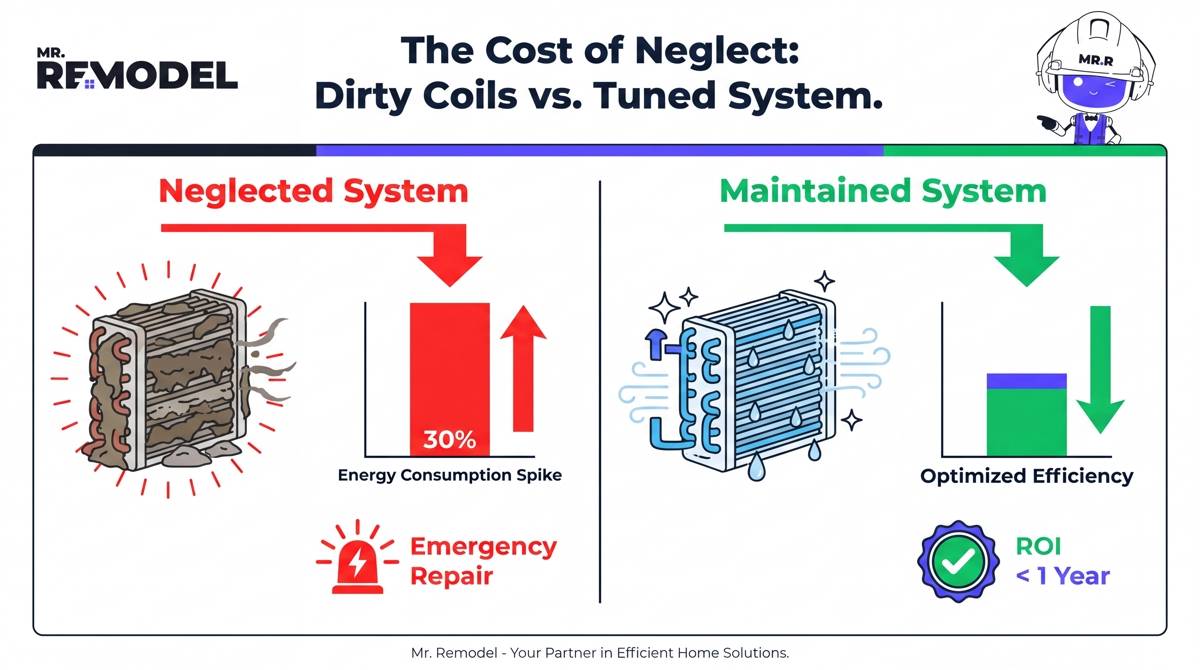 A stark, dual-bar infographic comparing two financial paths. Path A (Neglected): A neglected unit with a visual overlay of "Dirty Coils" -> "30% Energy Spike" (tall red bar) -> "Emergency Repair" (flash icon). Path B (Maintained): A clean unit with "Biannual Tune-Up" -> "Optimized Efficiency" (short green bar) -> "Net 30% Savings." It includes badges for "ROI < 1 Year."